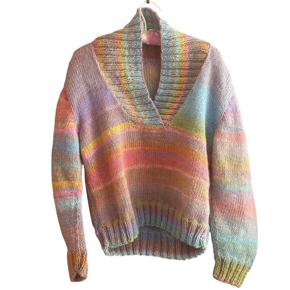 Hand Crafted Sweaters - Gorgeous Handknit Pastel Rainbow Knit Sweater XS/S